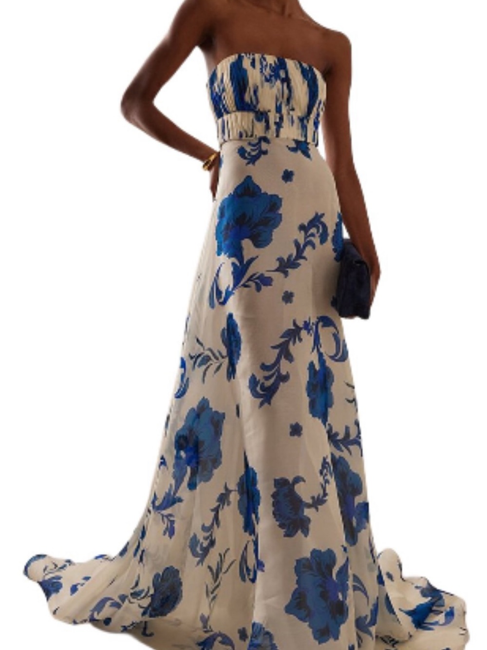 Cream Strapless Maxi Dress with Blue Floral Print